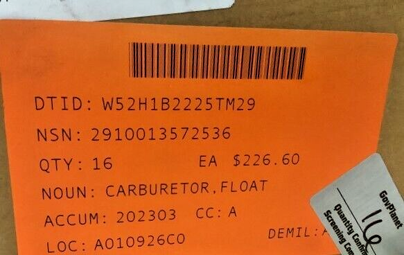 M1731 DECONTAMINATING SYSTEM AMW ENGINE 1637 FLOAT CARBURETOR 2910-01-357-2536