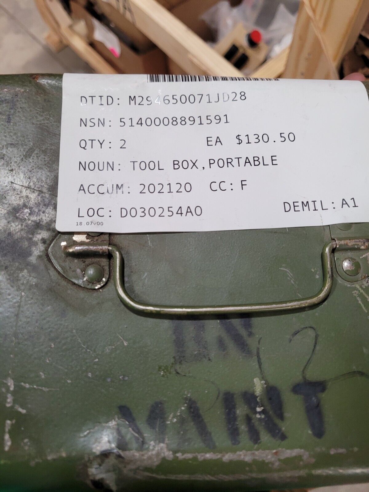 MILITARY 24'' 1 HANDLE PORTABLE STEEL TOOL BOX GGG-T-558 5140-00-889-1591 NOS