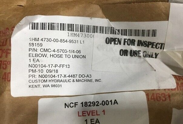 CUSTOM HYDRAULIC CMC-4-5703-1/4-06 HOSE TO UNION ELBOW NSN 4730-00-854-9531