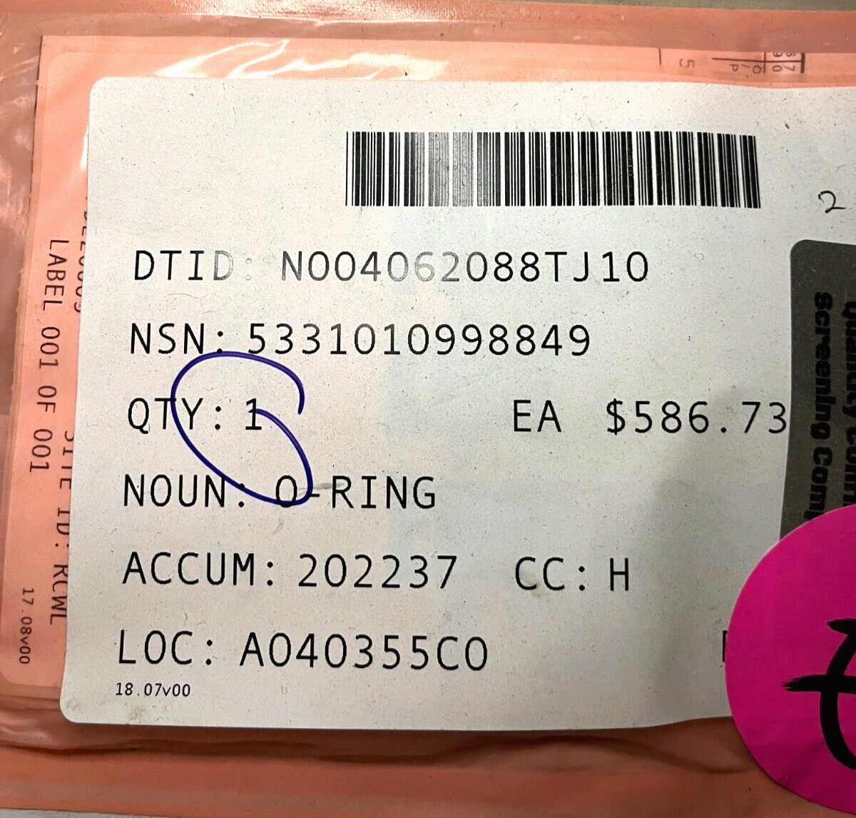 NEW OHIO-CLASS SUBMARINE 92010609 O-RING 16302598 PIECE 58 5331-01-099-8849