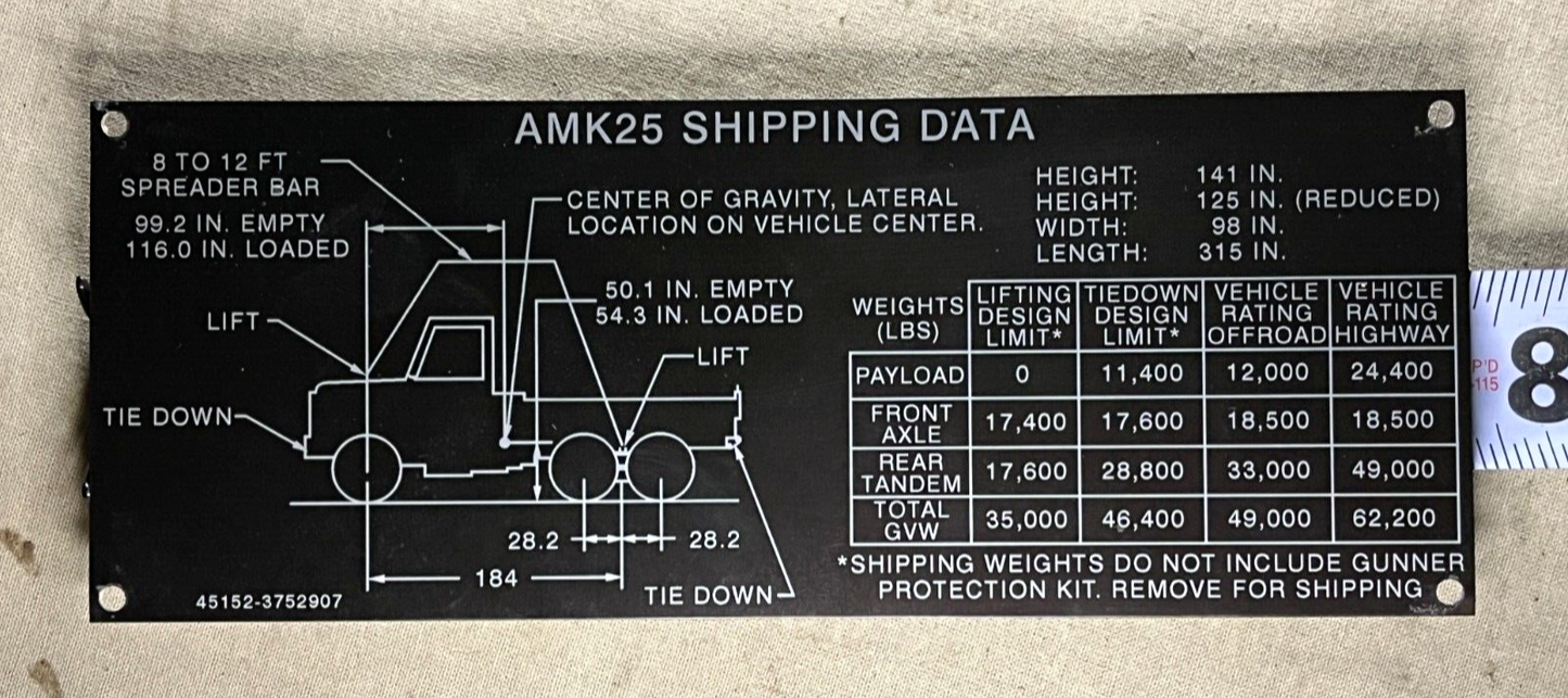 GENUINE AMK25 CARGO TRUCK SHIPPING DATA LABEL 3M BACK 3752907 7690-01-575-0860