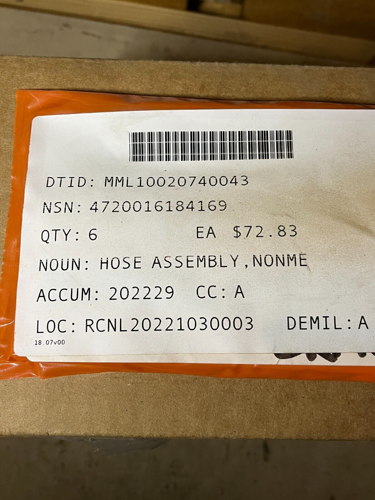 NEW PARKER 47601041-2 1/4'' FUEL LINE NONMETALLIC HOSE ASSEMBLY 4720-01-618-4169