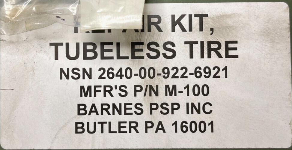TUBELESS PNEUMATIC T1 TIRE PUNCTURE REPAIR KIT M100 3R7644 2640-00-922-6921