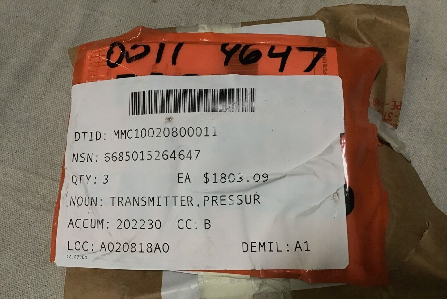 WATER PURIFICATION (1500 TWPS) PRESSURE TRANSMITTER 33903019 6685-01-526-4647