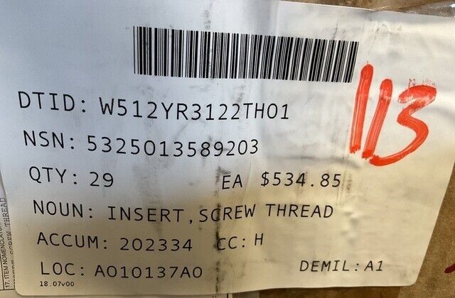 (1EA) M1000 CHETTL TRAILER SW34178 SCREW THREAD INSERT SW32330 5325-01-358-9203