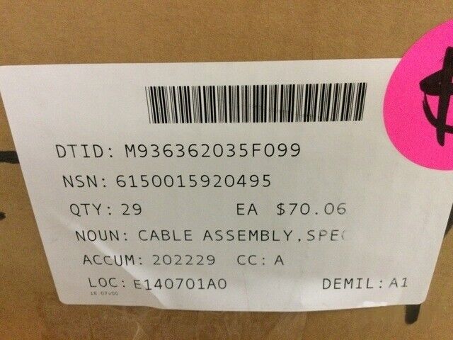 ASSORTED SPECIAL CABLE ASSEMBLIE CABLE, RED 3" 3/8 10008005 NSN 6150-01-592-0495