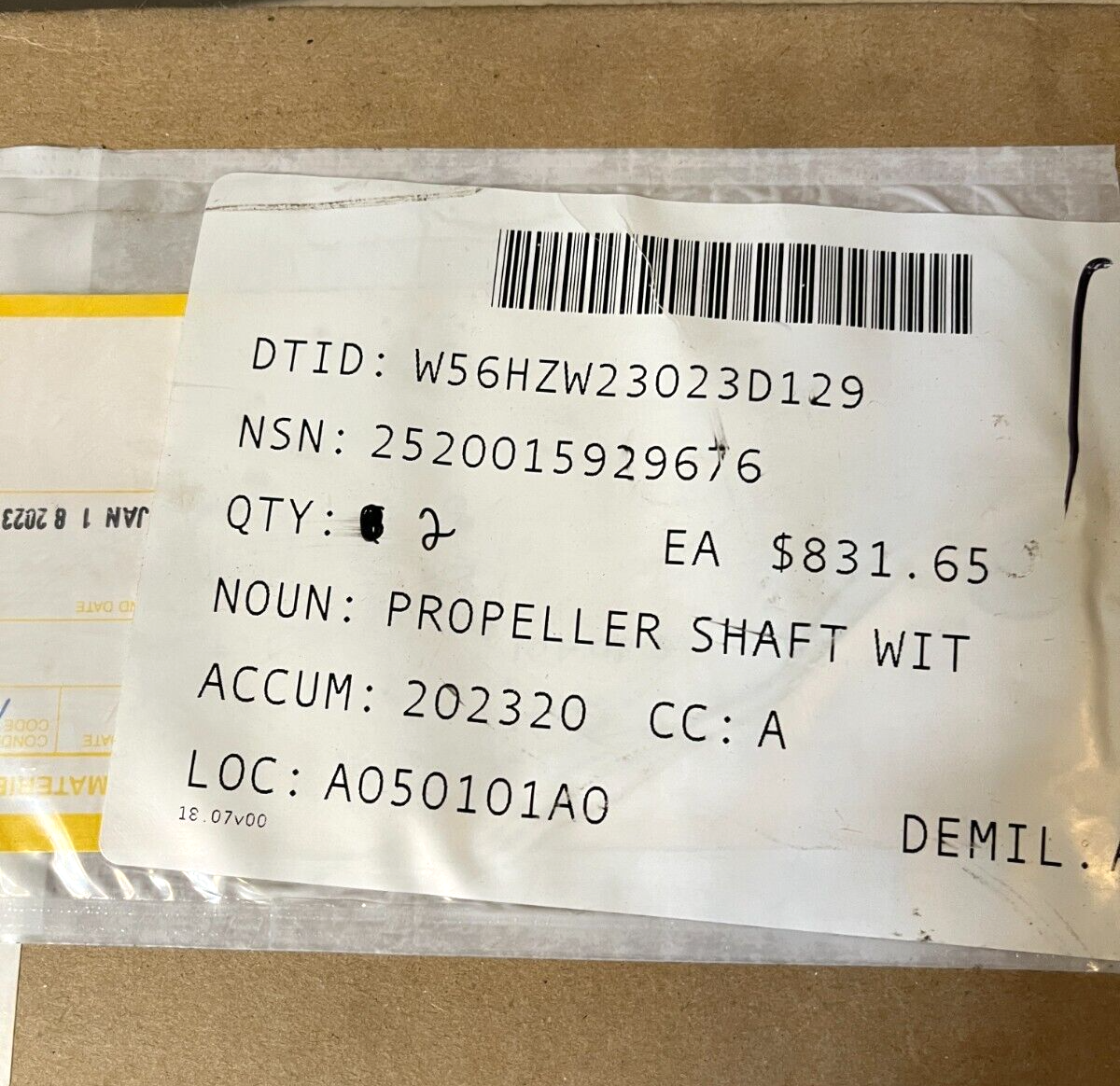 MRAP RG-31 MMPV ALEXTECH 143031530A01 PROPELLER HALFSHAFT 2520-01-592-9676 NOS