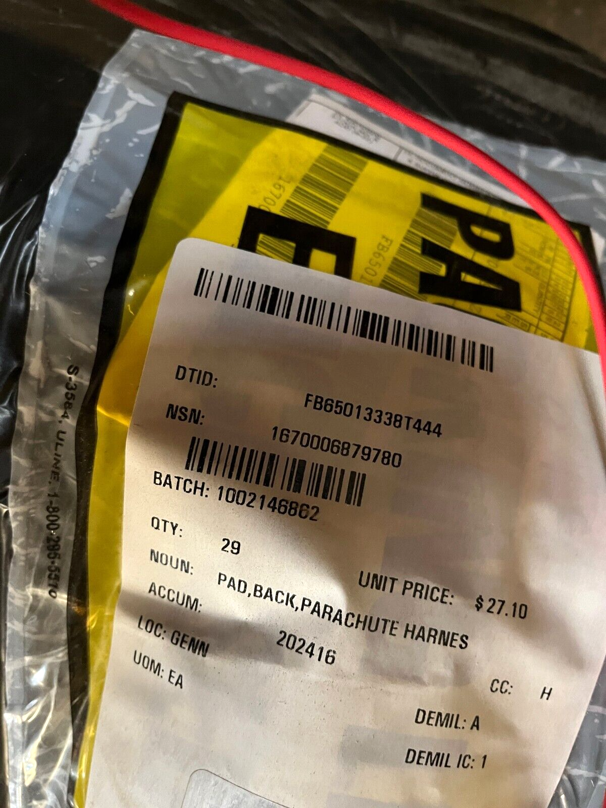 AIRCRAFT T-37 53C6710 PARACHUTE HARNESS BACK PAD 58D6354 1670-00-687-9780