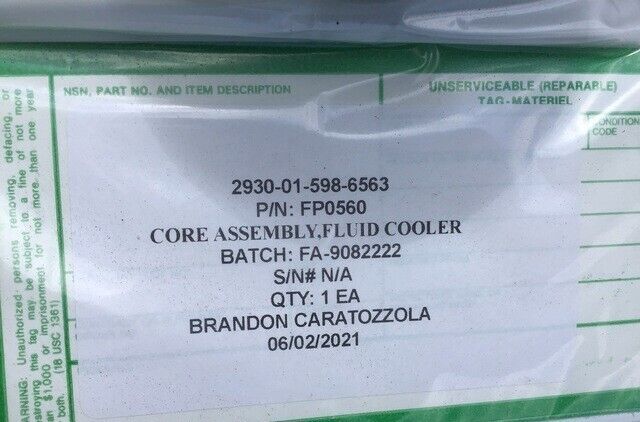 MINE DETECTOR MOUNTED VEHICLE CORE ASSEMBLY,FLUID COOLER FP0560 2930-01-598-6563