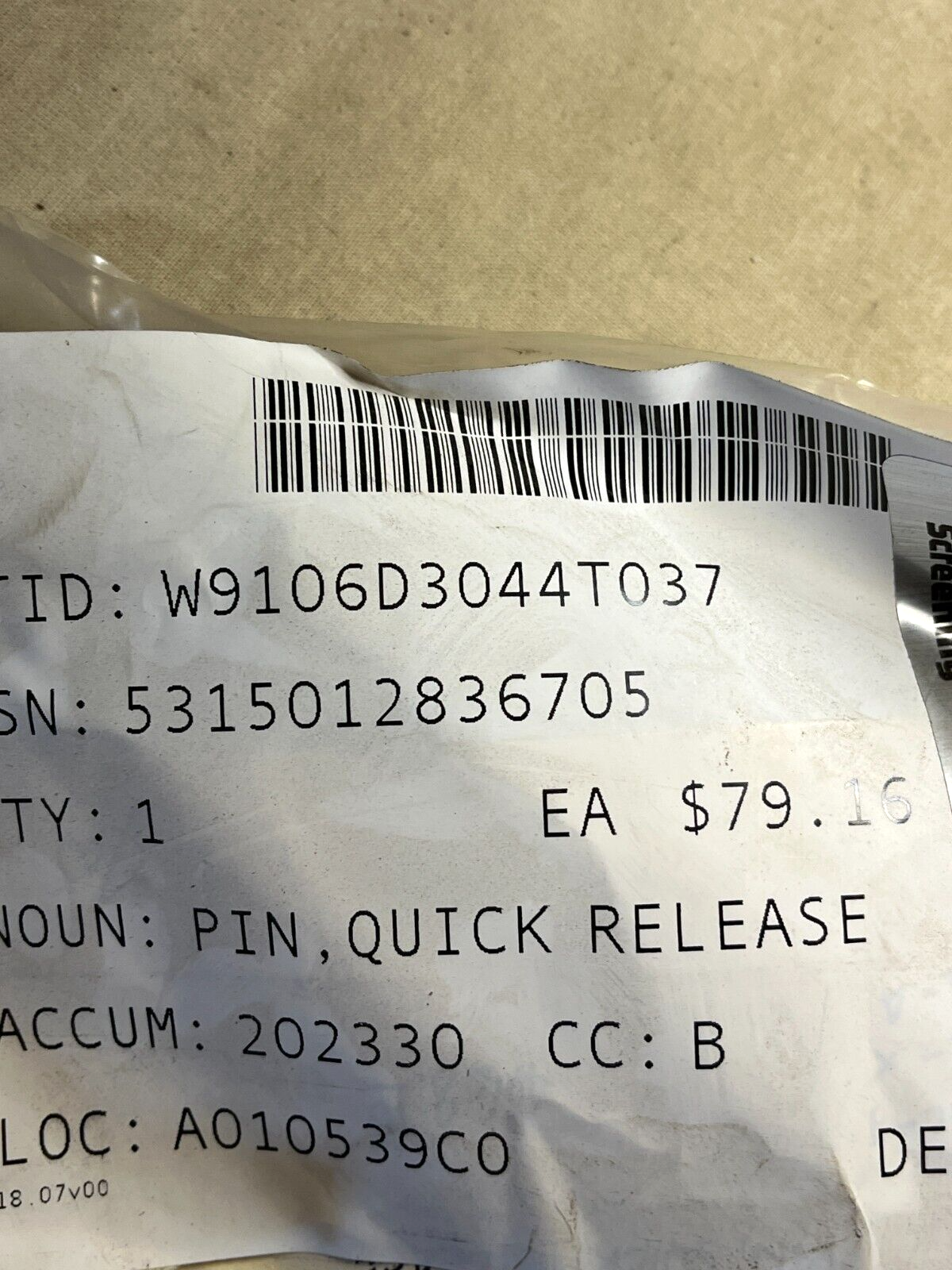 JERGENS M45952/1-C12-65 QUICK RELEASE PIN M45952 1-6-16 5315-01-283-6705