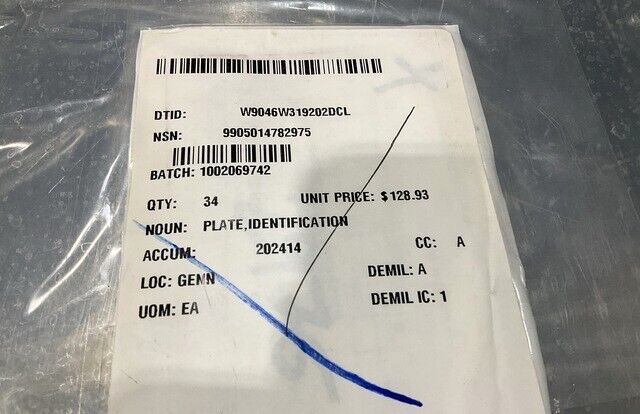 TRUCK MOUNTED CRANE GROVE 7-679-003206 IDENTIFICATION PLATE 9905-01-478-2975