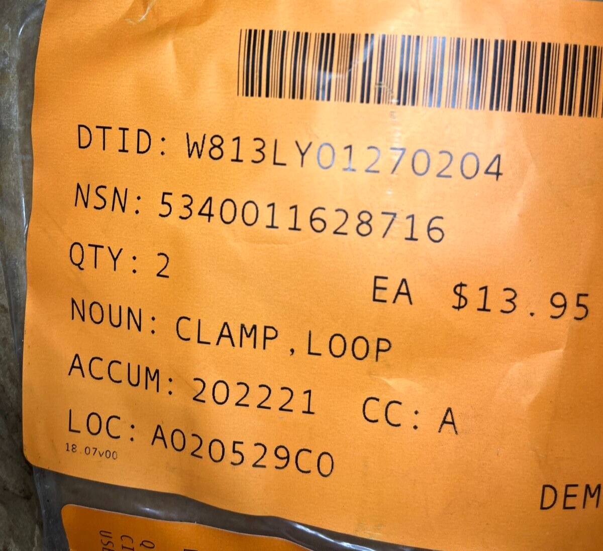 HELICOPTER HH-60H, SH-60B 1/2" SS7563-9NBCL LOOP CLAMP 5340-01-162-8716 NOS