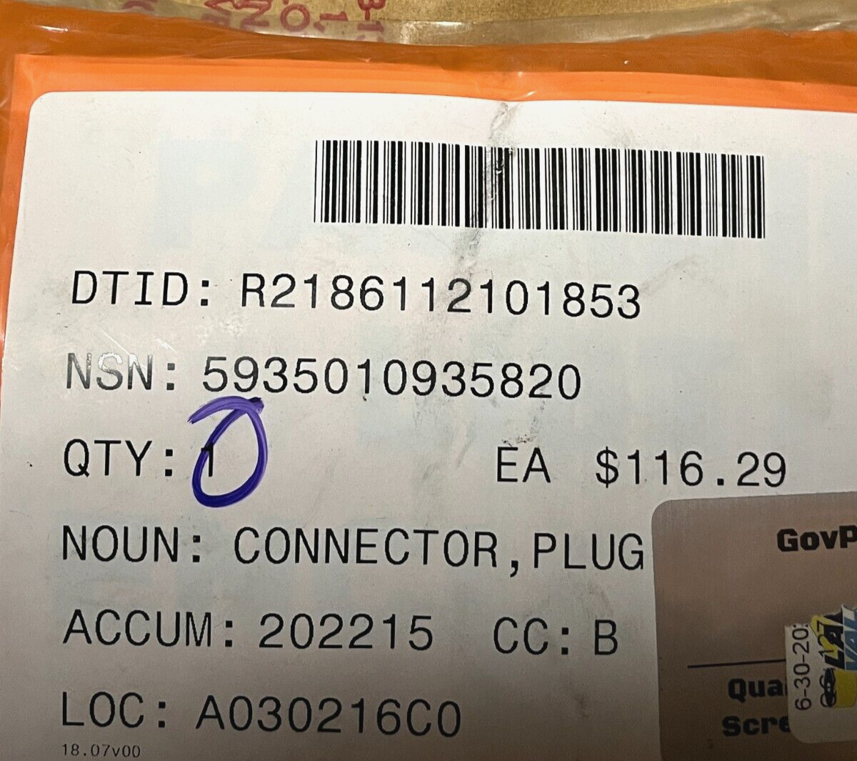 USGI MILITARY MIL-C-5015 ELECTRICAL PLUG CONNECTOR MIL-DTL-5015 5935-01-093-5820