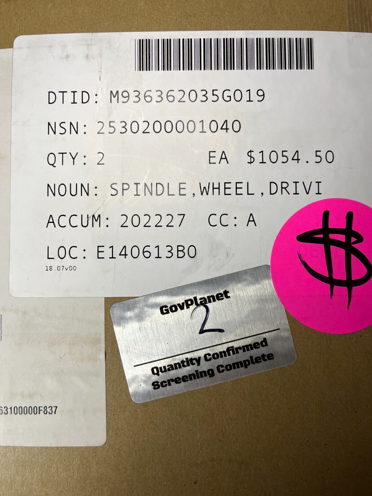 LIGHT ARMORED VEHICLE 10618665 DRIVING NONDRIVING WHEEL SPINDLE 2530-20-000-1040