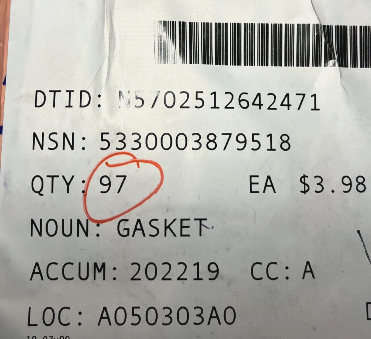 NIMITZ CLASS CVN XY-170 1.250 LENGTH GASKET XY170 5330-00-387-9518 USA-STOCK