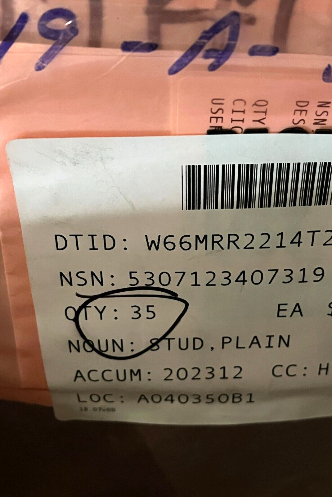 (2EA) STUD PLAIN HEAVY DUTY 4151534 5307123407319 5307-12-340-7319