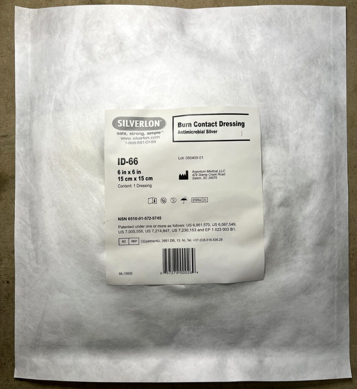 (5EA)ARGENTUM SILVERLON ID-66 6'' 15'' SILVER SURGICAL DRESSING 6510-01-572-5745