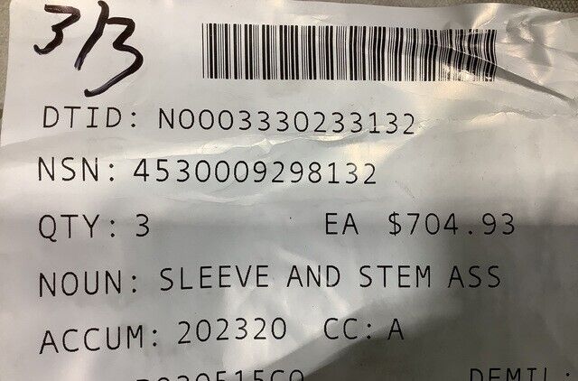 GENERAL REGULATOR 3083737X38 SLEEVE & STEM ASSEMBLY 30837-37X38 4530-00-929-8132