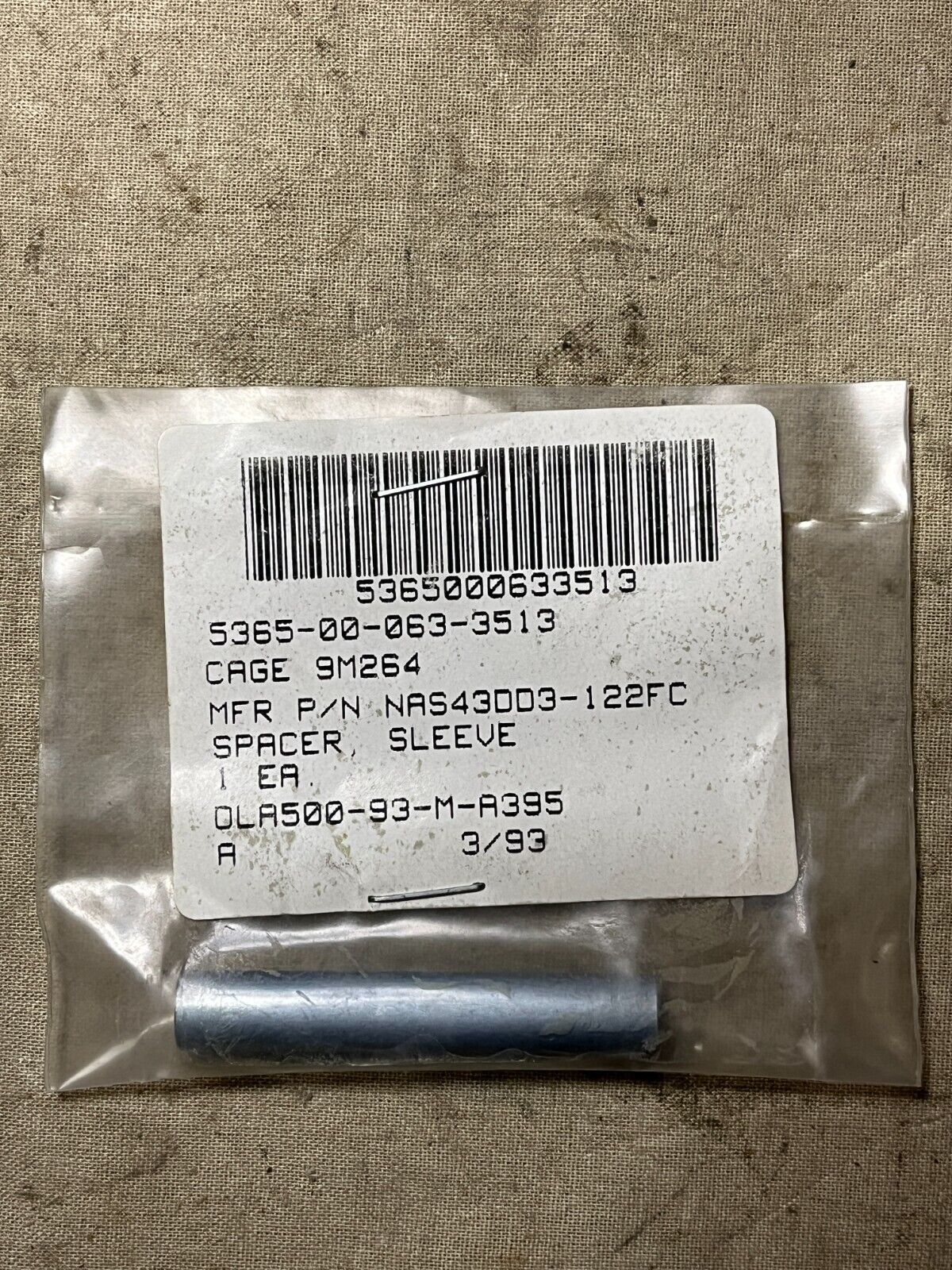 NATIONAL AEROSPACE STANDARDS NAS43DD3-122FC SLEEVE SPACER NAS43 5365-00-063-3513
