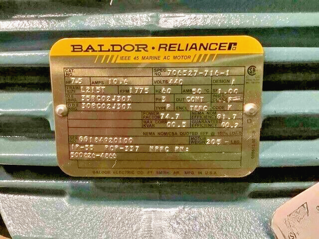 NEW BALDOR RELIANCE IEEE 45 MARINE AC MOTOR 7.5HP 500826-4866 6105-01-321-2626