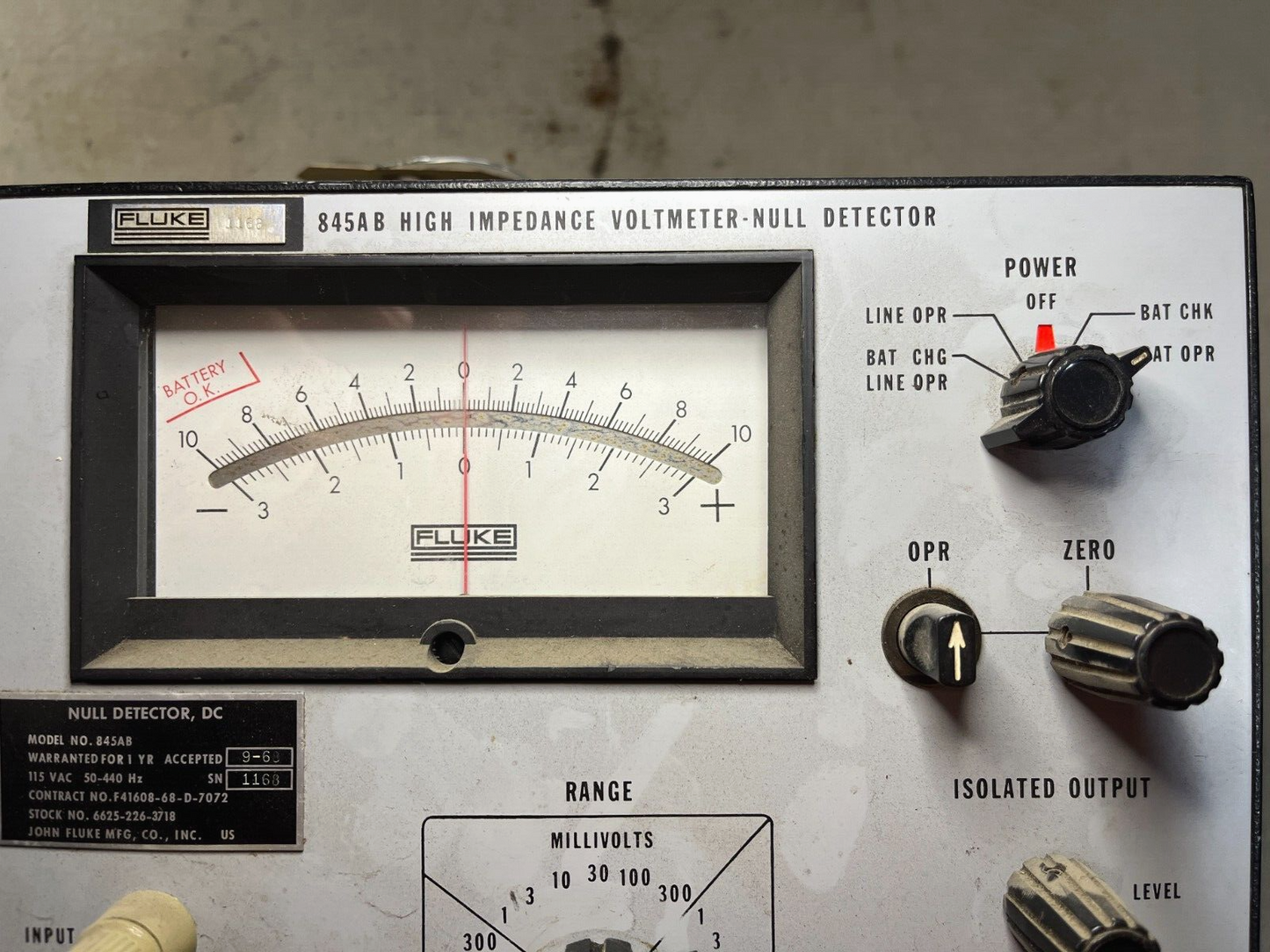 VINTAGE FLUKE 845AB HIGH IMPEDENCE VOLTMETER NULL DETECTOR 6625-00-226-3718