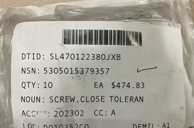 AIRCRAFT B-1B NAS1580V8T38 FLUSH HEAD BOLT, SCREW 5305015379357 5305-01-537-9357