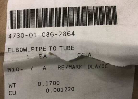 HEMTT, MRAP, FMTV 1337330 ELBOW, PIPE TO TUBE 6-6 100302BA J246 4730-01-086-2864