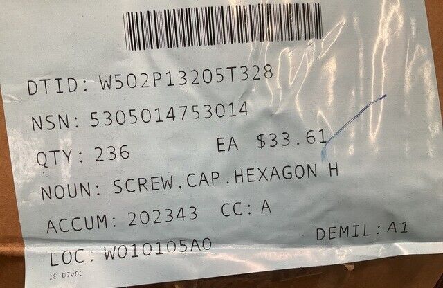 (1EA) HMMWV B1821BH056F950N RIGHT-HAND HEXAGON HEAD CAP SCREW 5305-01-475-3014