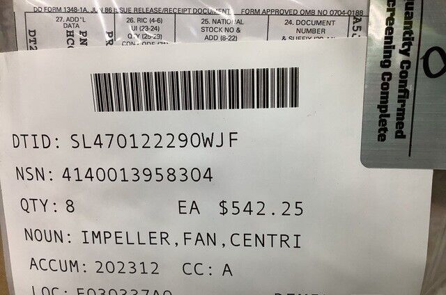 AIR CONDITIONER 36K BTU 13229E6164-2 CENTRIFUGAL FAN IMPELLER 4140-01-395-8304