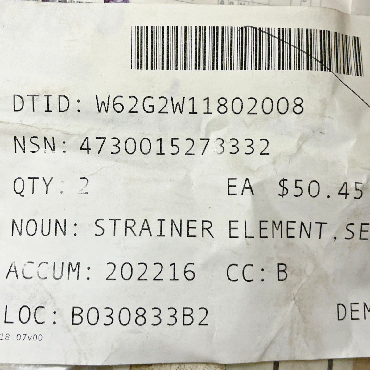 1 LIGHTWEIGHT WATER PURIFIER 12489140 SEDIMENT STRAINER ELEMENT 4730-01-527-8332