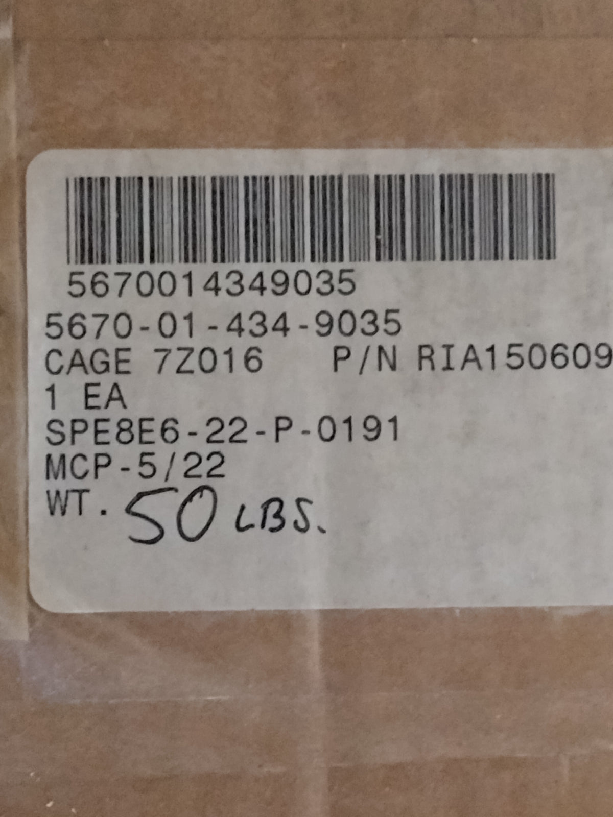 ROM Acquisition Corporation RIA150609-2 Roller Curtain Door - NSN 5670-01-434-9035 - inventory label