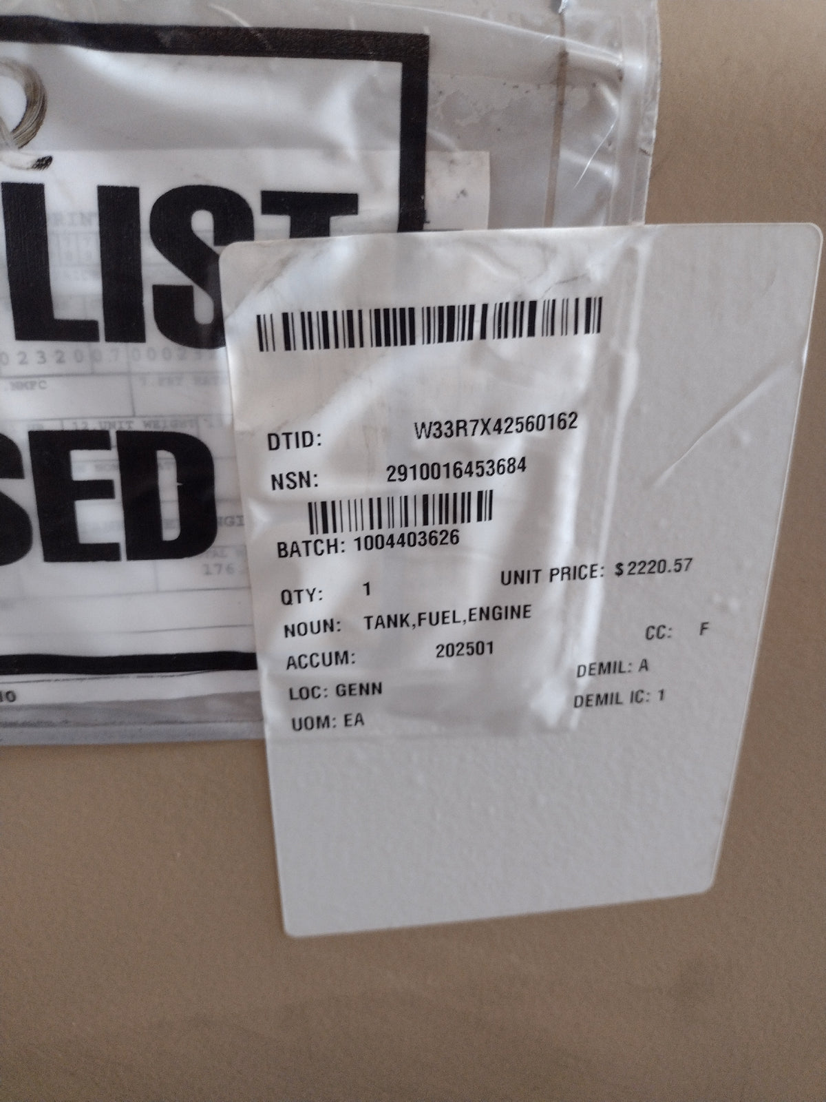 U S Army Tank Automotive Command 12562989 Engine Fuel Tank - NSN 2910-01-645-3684 - inventory label