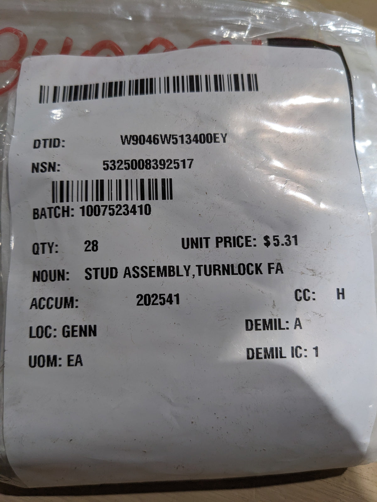 Howmet Global Fastening Systems Inc 4002-5SW Stud Assembly, Turnlock - NSN 5325-00-839-2517 - inventory label