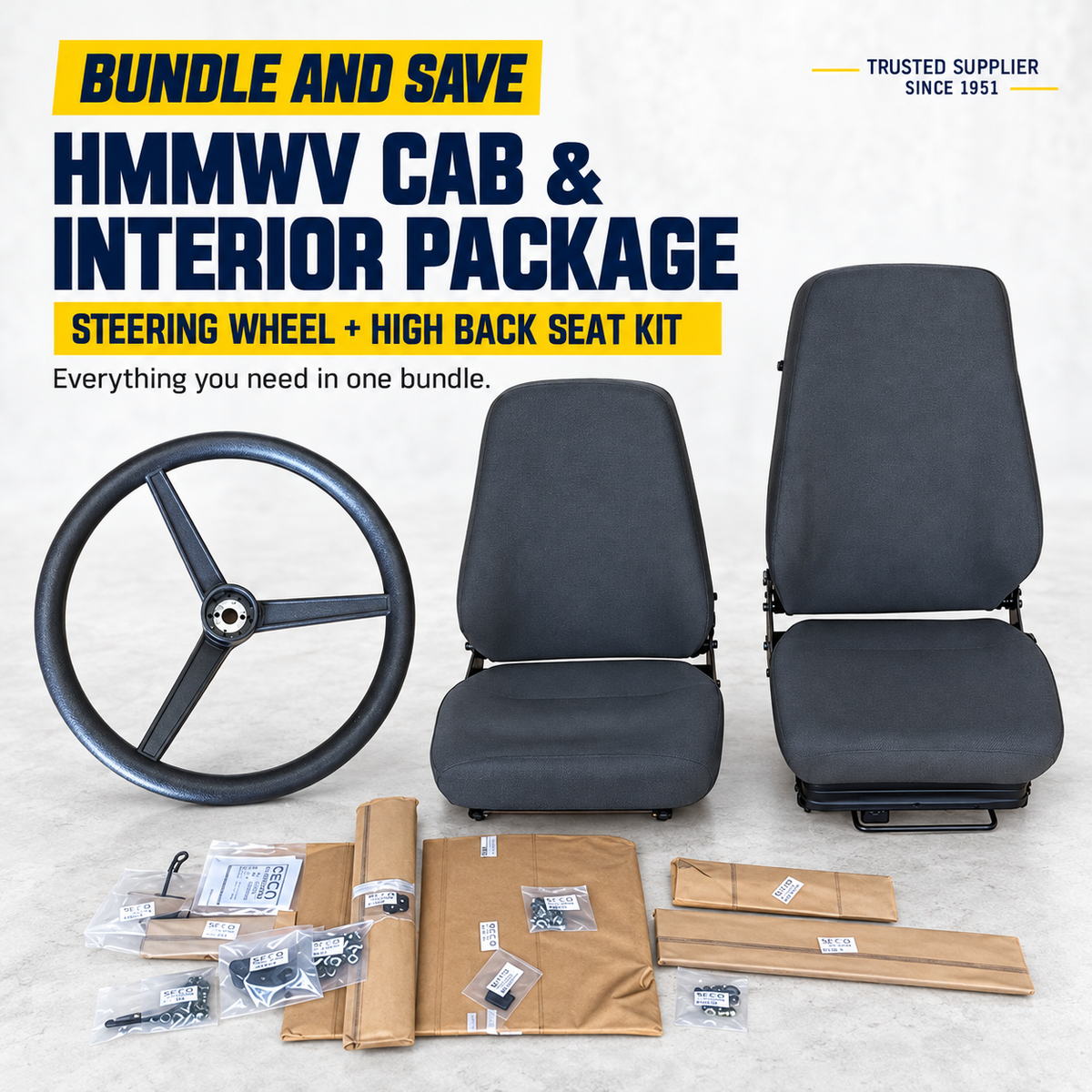 HMMWV Cab & Interior Bundle – Steering Wheel + High Back Seat Kit