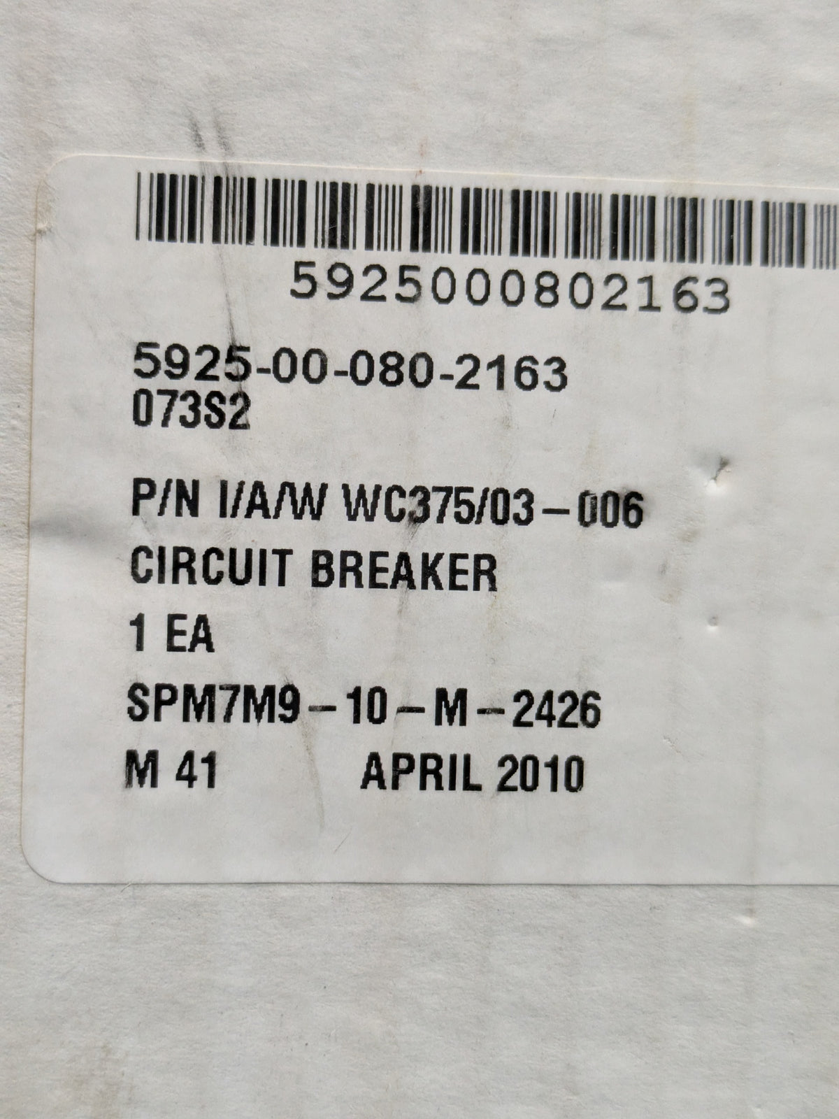 Federal Specification W-C-375/3 Circuit Breaker - NSN 5925-00-080-2163 - inventory label