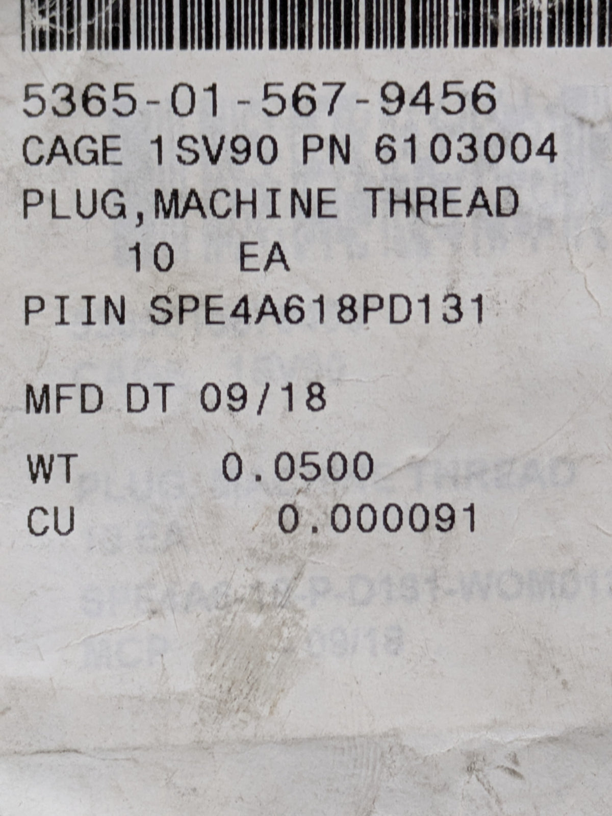 Womack Machine Supply Co 6103004 Machine Thread Plug - NSN 5365-01-567-9456 - inventory label