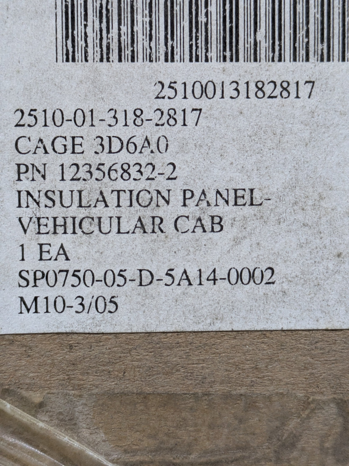 U S Army Tank Automotive Command 12356832-2 Vehicular Insulation - NSN 2510-01-318-2817 - inventory label
