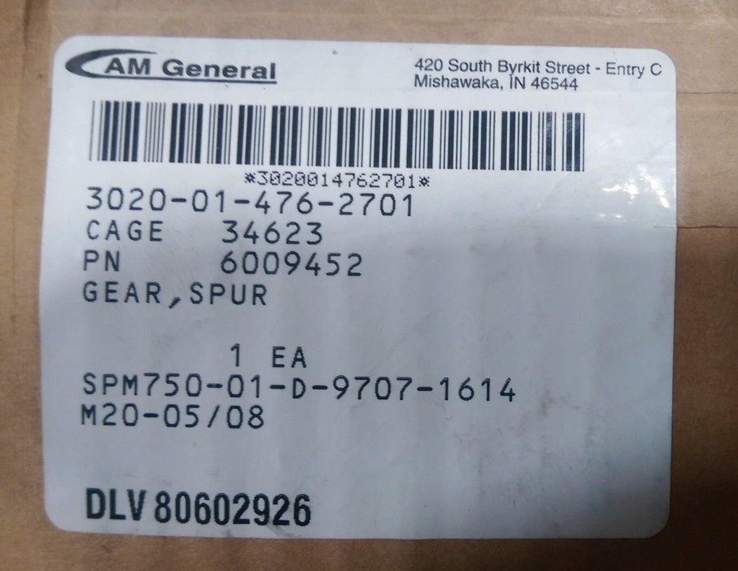 HUMMER H1 M998 HMMWV GEAR SPUR AM GENERAL 6009452, 3020-01-476-2701