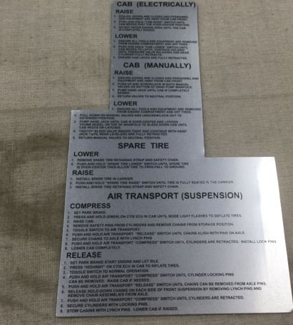 FMTV LMTV CAB LIFT INSTRUCTIONS DATA PLATE 12505953 7690-01-653-5624
