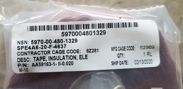 5970-00-480-1329 Tape AA59163-1-II 0.020 MIL-I-46852 TY2 MILI46852M1TYPE2