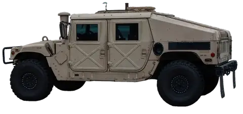 M998 HMMWV, left profile on a studio stage, rotating to three-quarter front on hover