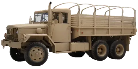 M809 series five-ton 6x6 cargo truck, left profile, rotating to three-quarter front on hover