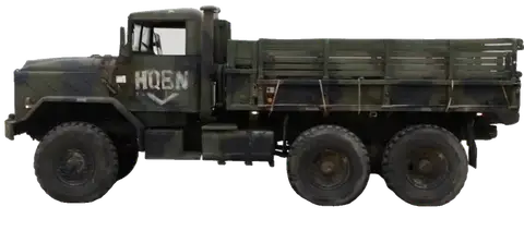 M939 series five-ton 6x6 cargo truck, left profile, rotating to three-quarter front on hover