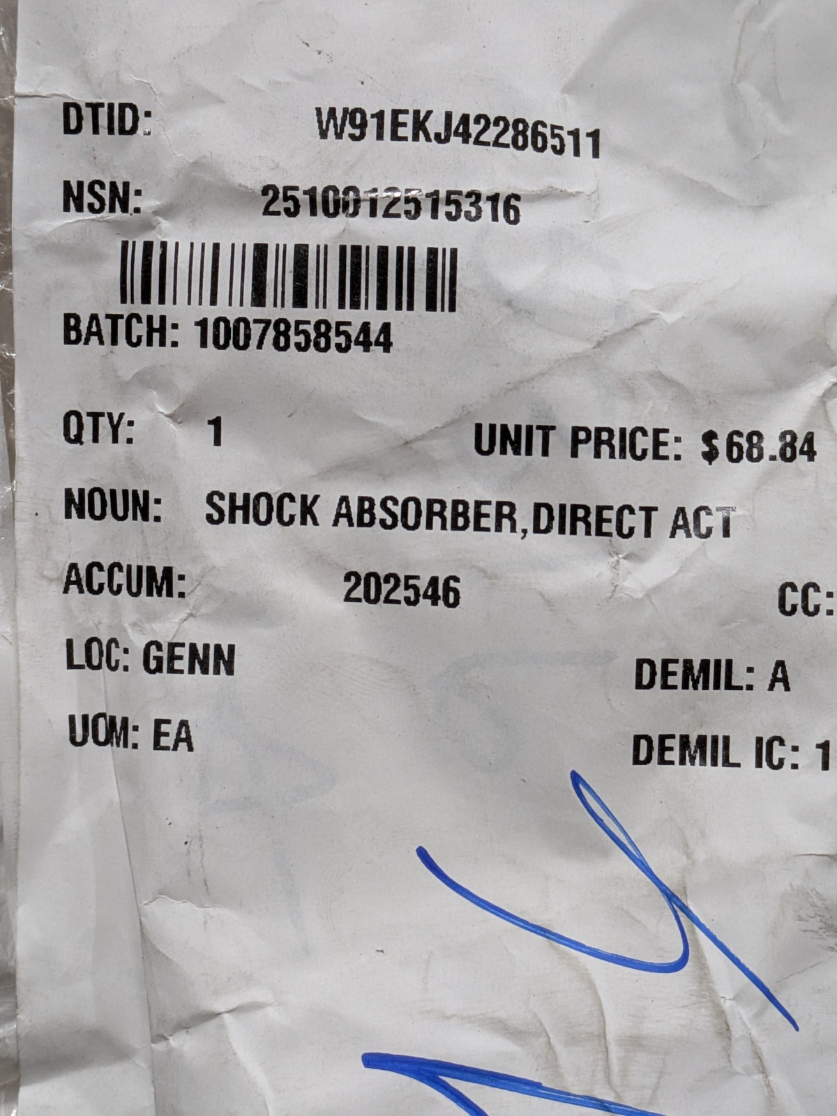 Tenneco OE12011 Shock Absorber, Direct Action - NSN 2510-01-251-5316 - inventory label