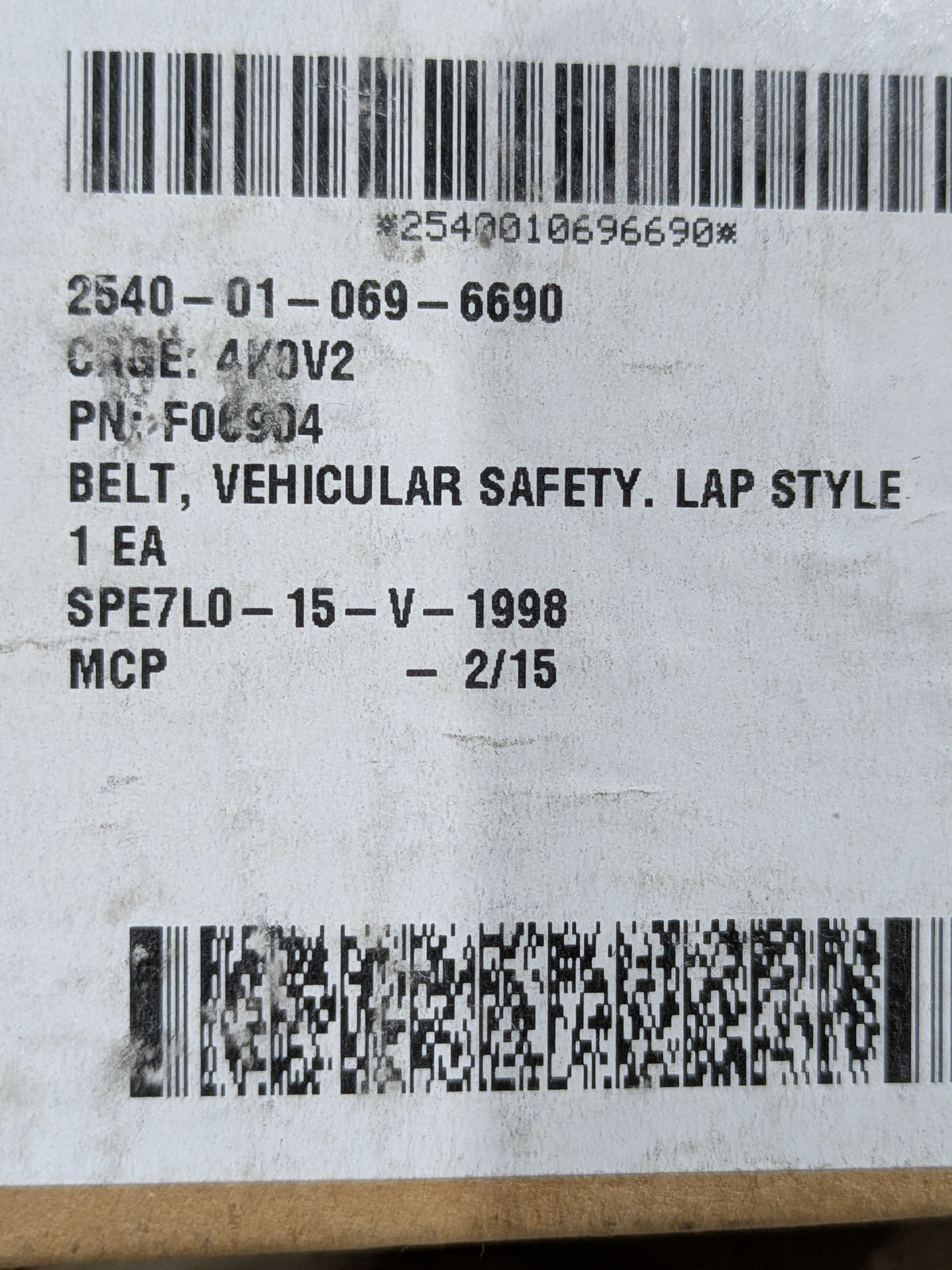 CNH Industrial America LLC 870888 Vehicular Safety Belt - NSN 2540-01-069-6690 - inventory label