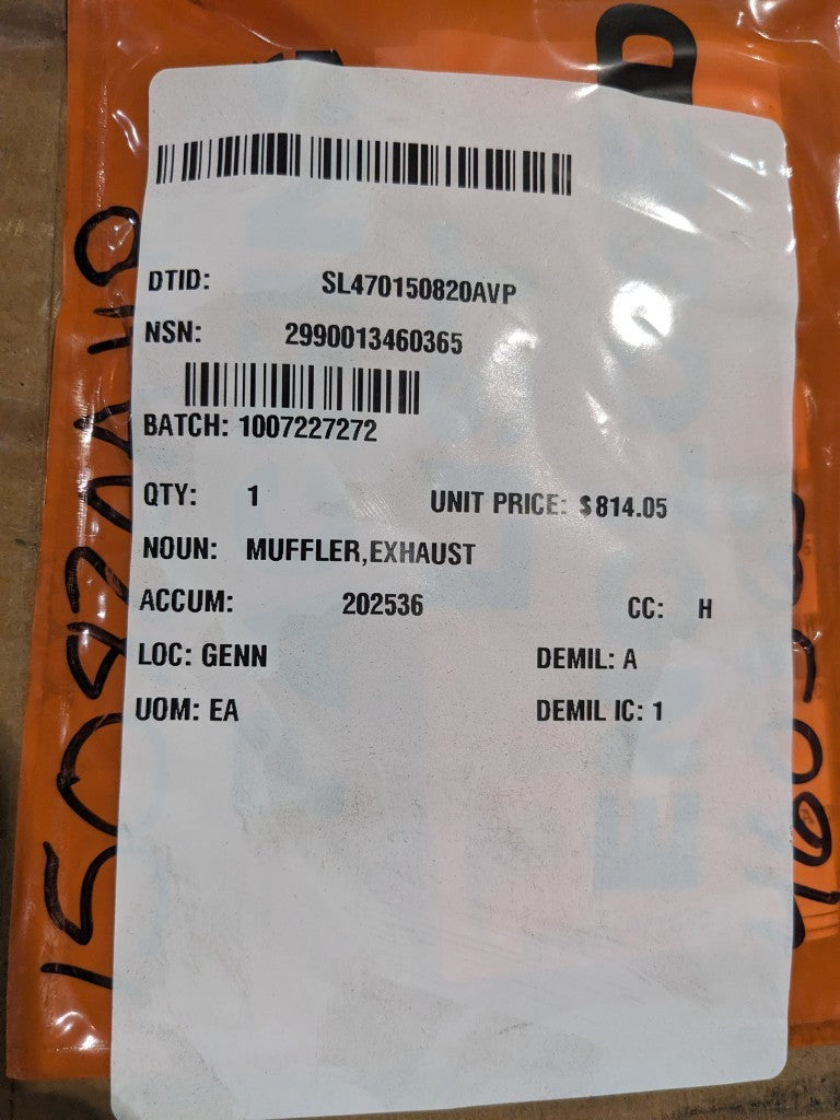 Caterpillar 1W9229 Exhaust Muffler - NSN 2990-01-346-0365 - inventory label