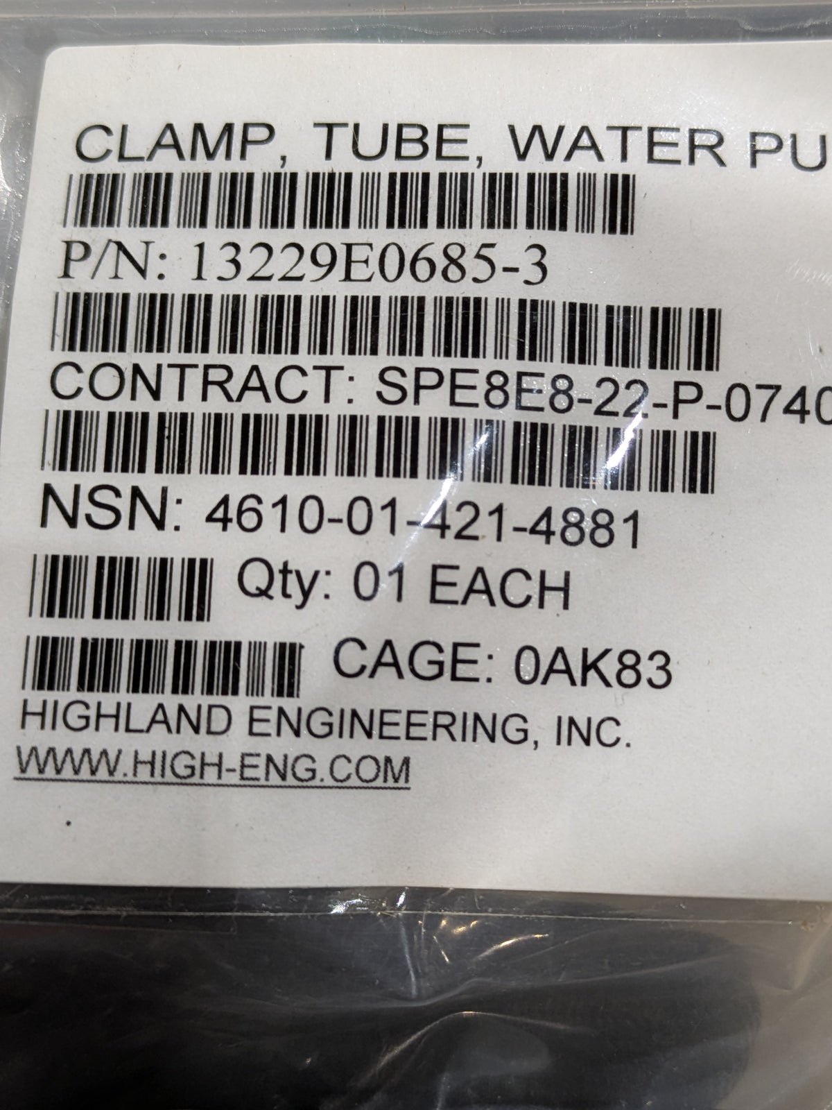 CECOM LR Center 13229E0685-3 Tube Clamp - NSN 4610-01-421-4881 - inventory label