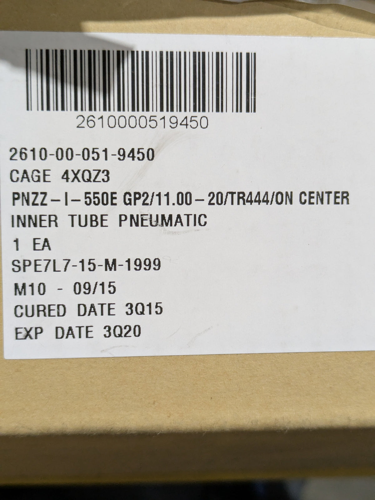 Federal Specifications Promulgated GP2/11.00-20/TR444/ON CENTER Inner Tube, Pneumatic - NSN 2610-00-051-9450 - inventory label