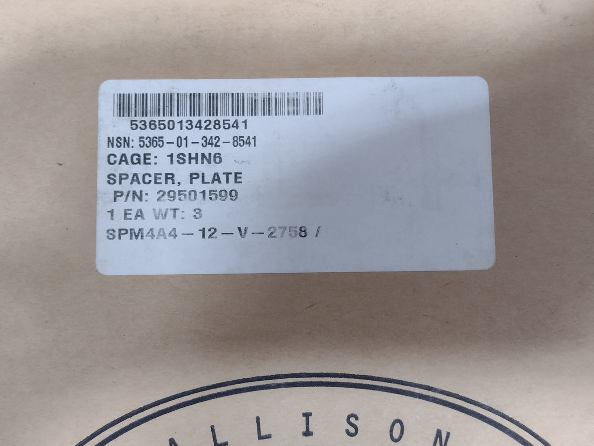 Allison Transmission Inc 29501599 Spacer, Plate - NSN 5365-01-342-8541 - inventory label