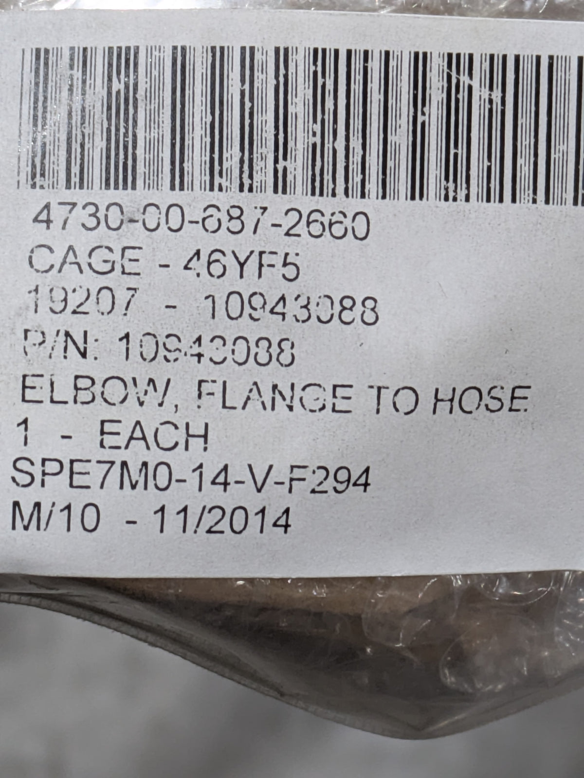 U S Army Tank Automotive Command 10943088 Flange to Hose Elbow - NSN 4730-00-687-2660 - inventory label